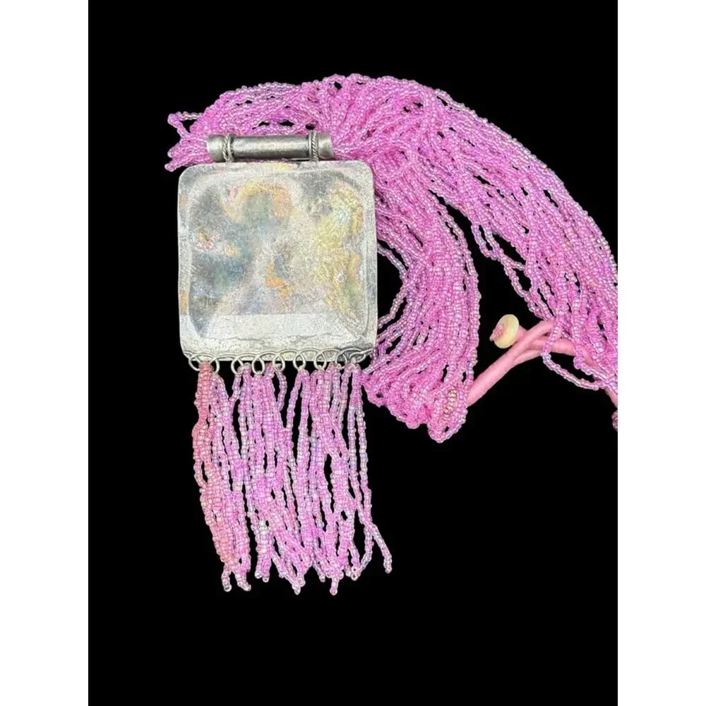Handmade Pink Multi-Strand Beaded Necklace with Ornate Square Pendant